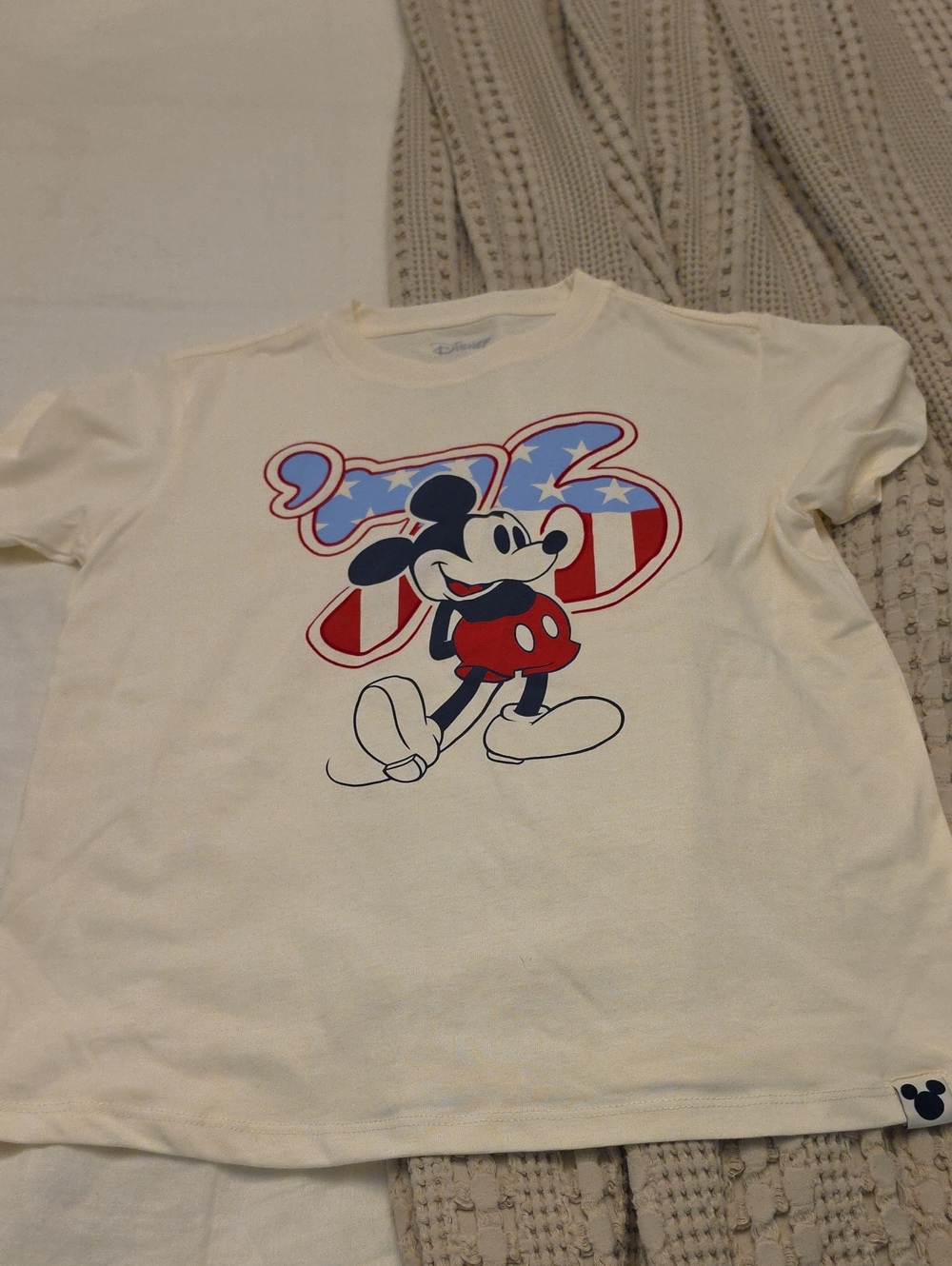 Disney Cream Mickey Mouse Graphic Tee with Red & Blue Accents